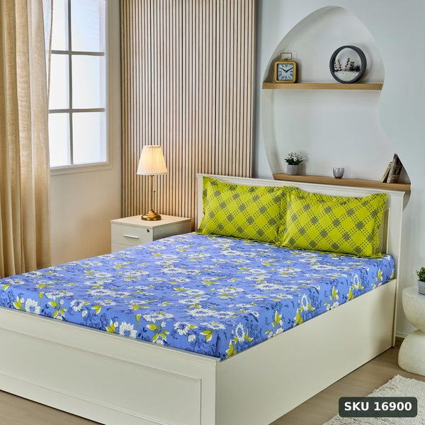 Yanchi Floral Repose 144 TC 100% Cotton King Bedsheet with Two Pillow Covers, Soft and Smooth (Floral, Blue and Green) - SKU 16900