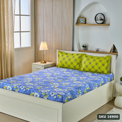 Yanchi Floral Repose 144 TC 100% Cotton King Bedsheet with Two Pillow Covers, Soft and Smooth (Floral, Blue and Green) - SKU 16900