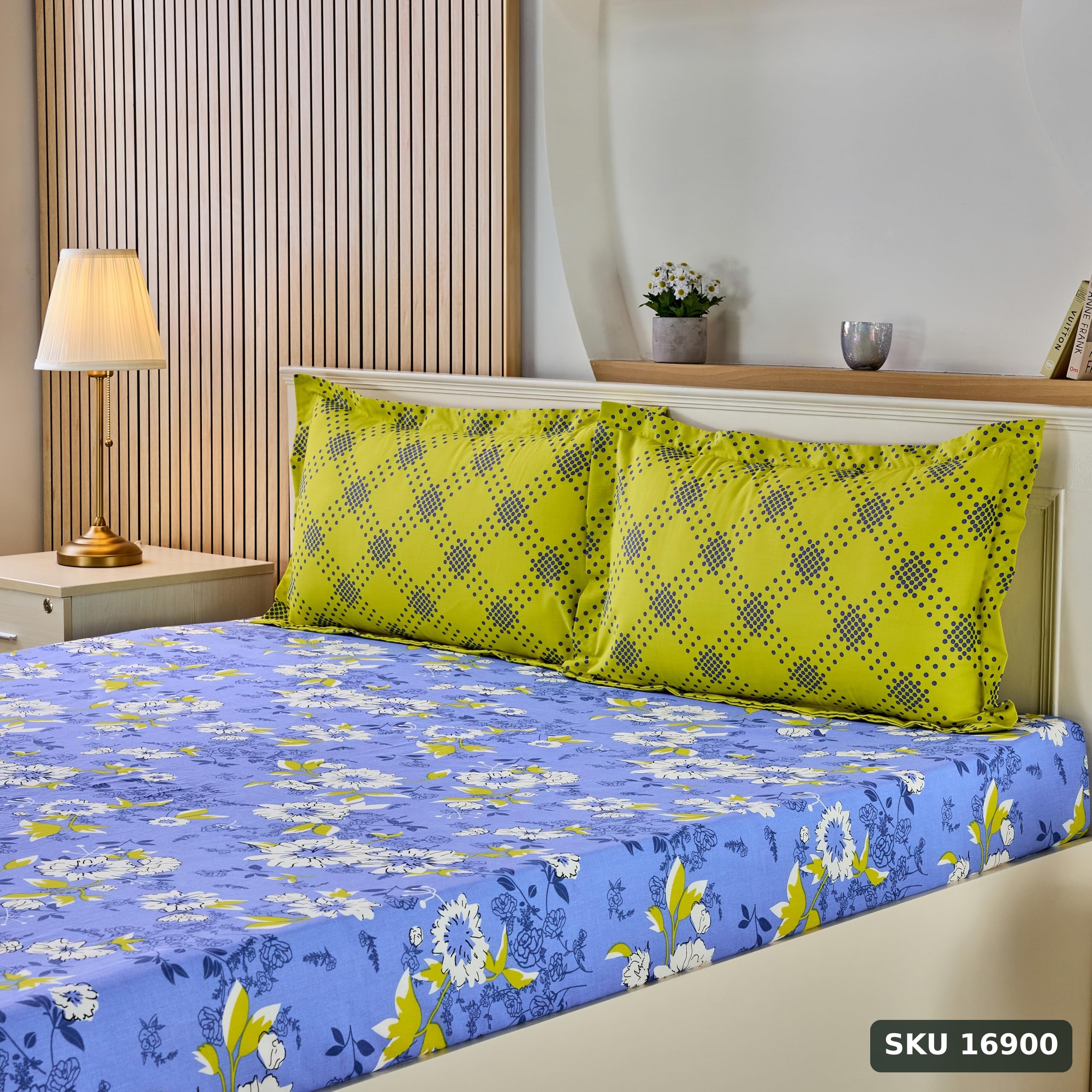 Yanchi Floral Repose 144 TC 100% Cotton King Bedsheet with Two Pillow Covers, Soft and Smooth (Floral, Blue and Green) - SKU 16900