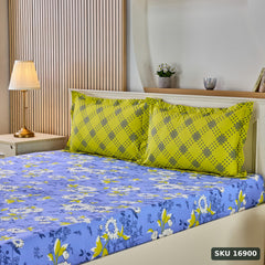Yanchi Floral Repose 144 TC 100% Cotton King Bedsheet with Two Pillow Covers, Soft and Smooth (Floral, Blue and Green) - SKU 16900