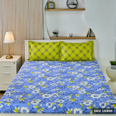 Yanchi Floral Repose 144 TC 100% Cotton King Bedsheet with Two Pillow Covers, Soft and Smooth (Floral, Blue and Green) - SKU 16900
