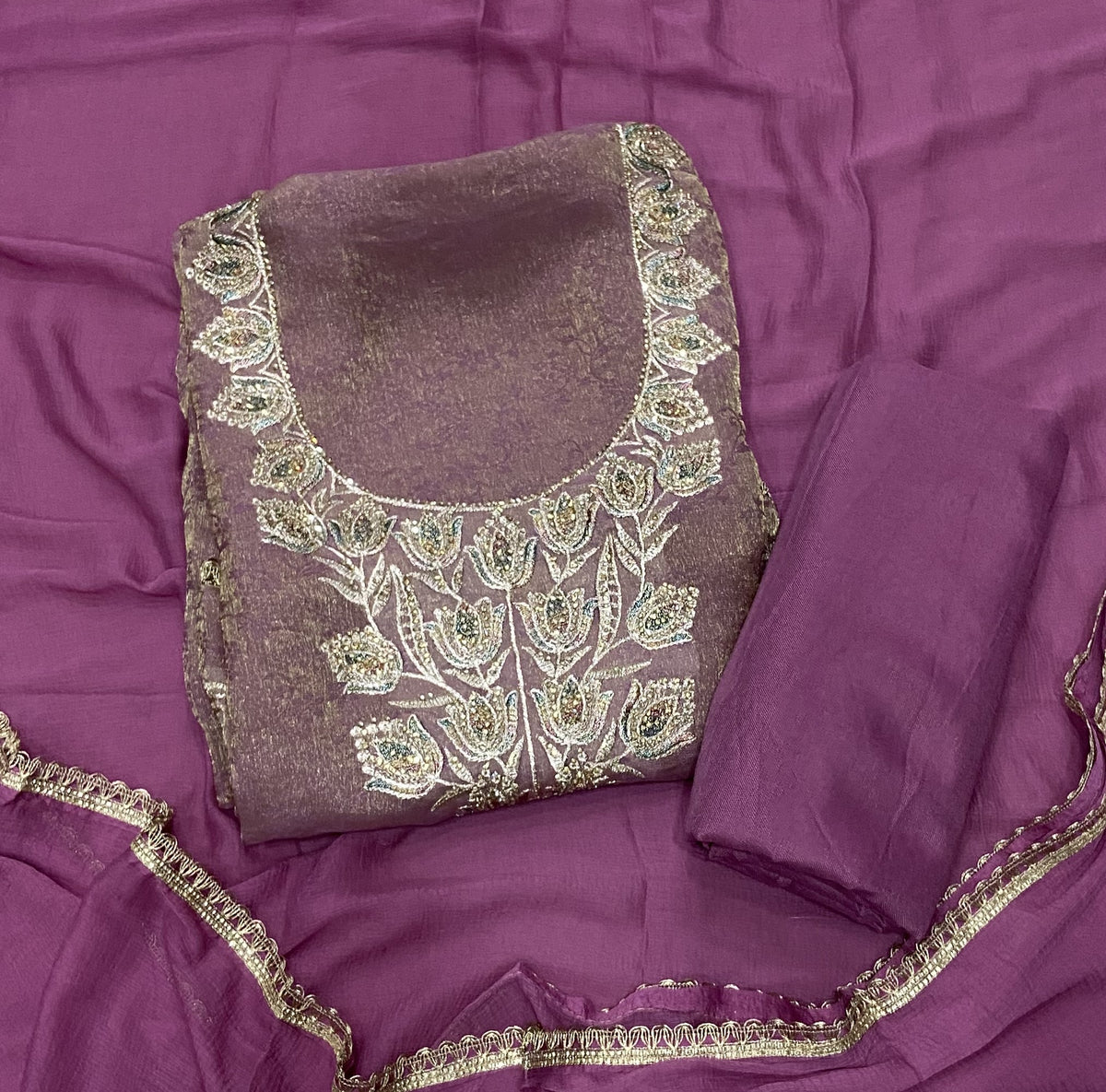 Pure Skylon Suit Set with Zari & sequence Work