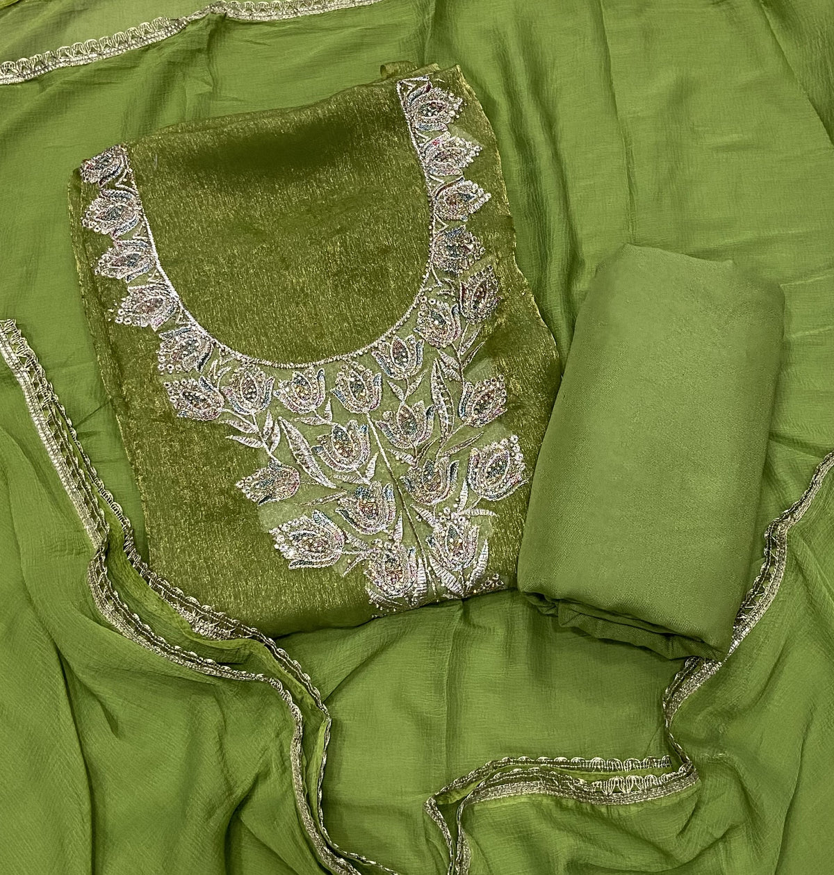 Pure Skylon Suit Set with Zari & sequence Work