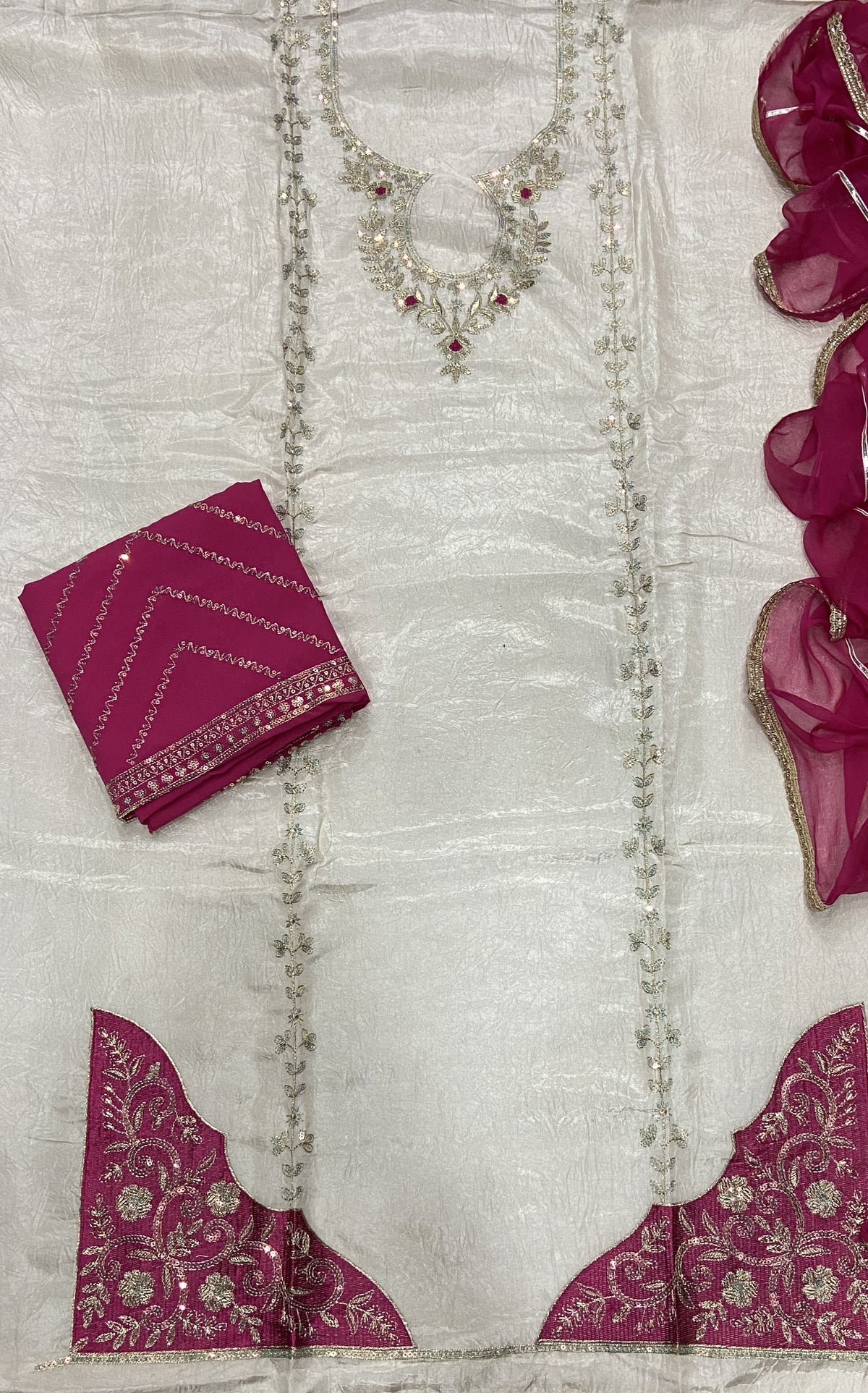 Classy Glass Organza Suit Set with Sequence & Zari Thread Work