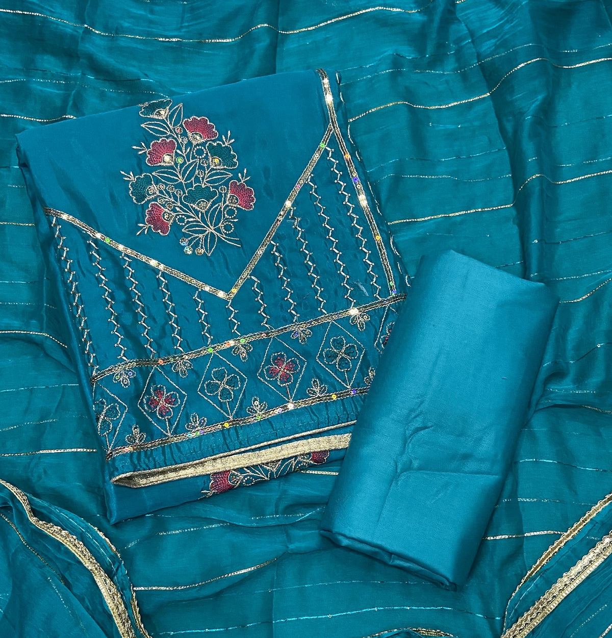 Classy Glass Organza Suit Set with Sequence & Zari Thread Work