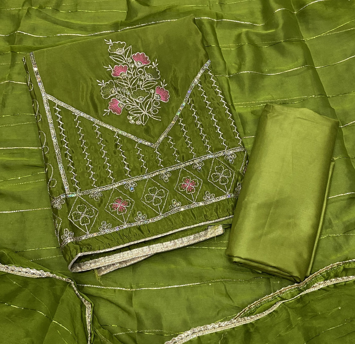 Classy Glass Organza Suit Set with Sequence & Zari Thread Work