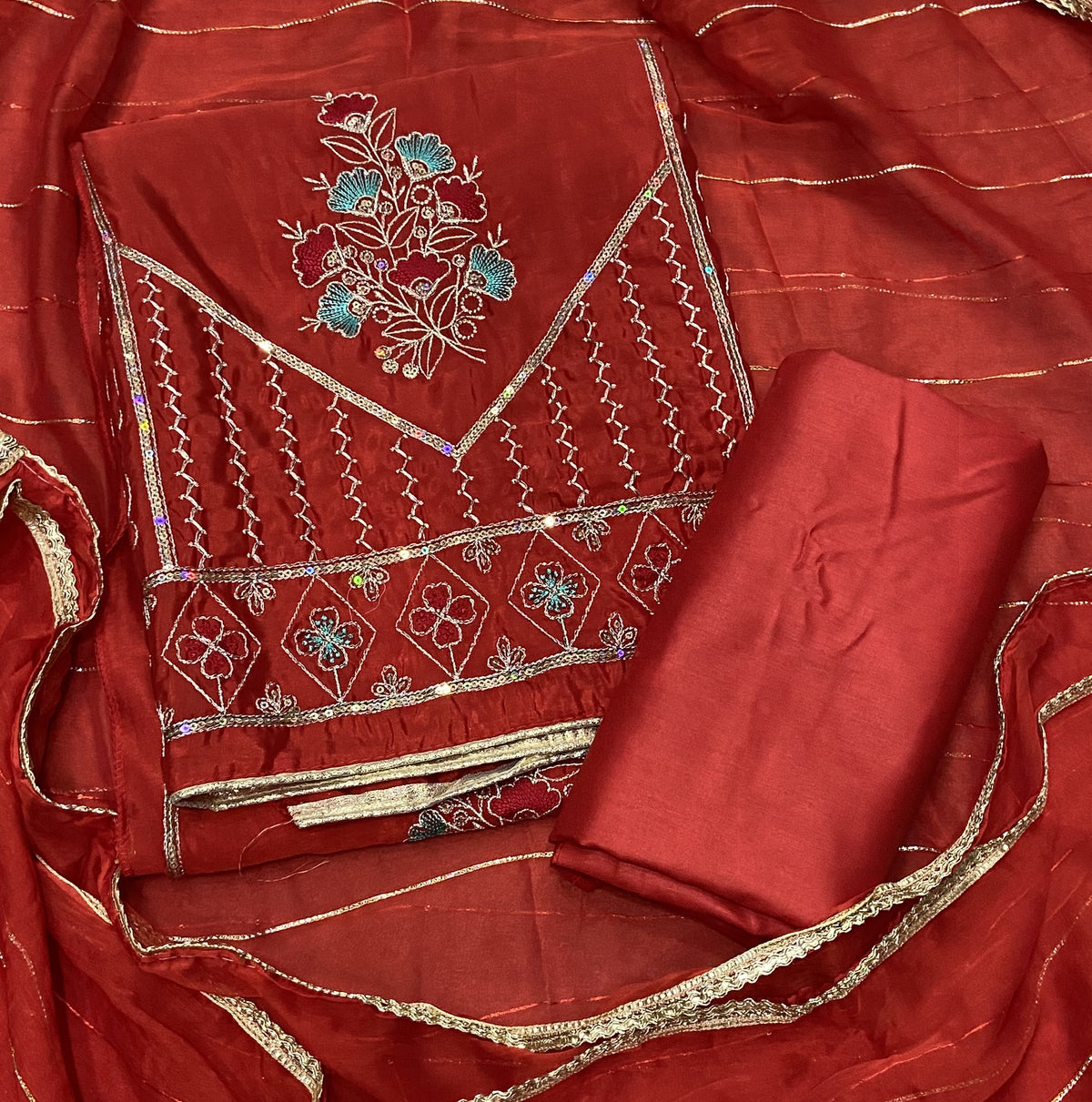 Classy Glass Organza Suit Set with Sequence & Zari Thread Work