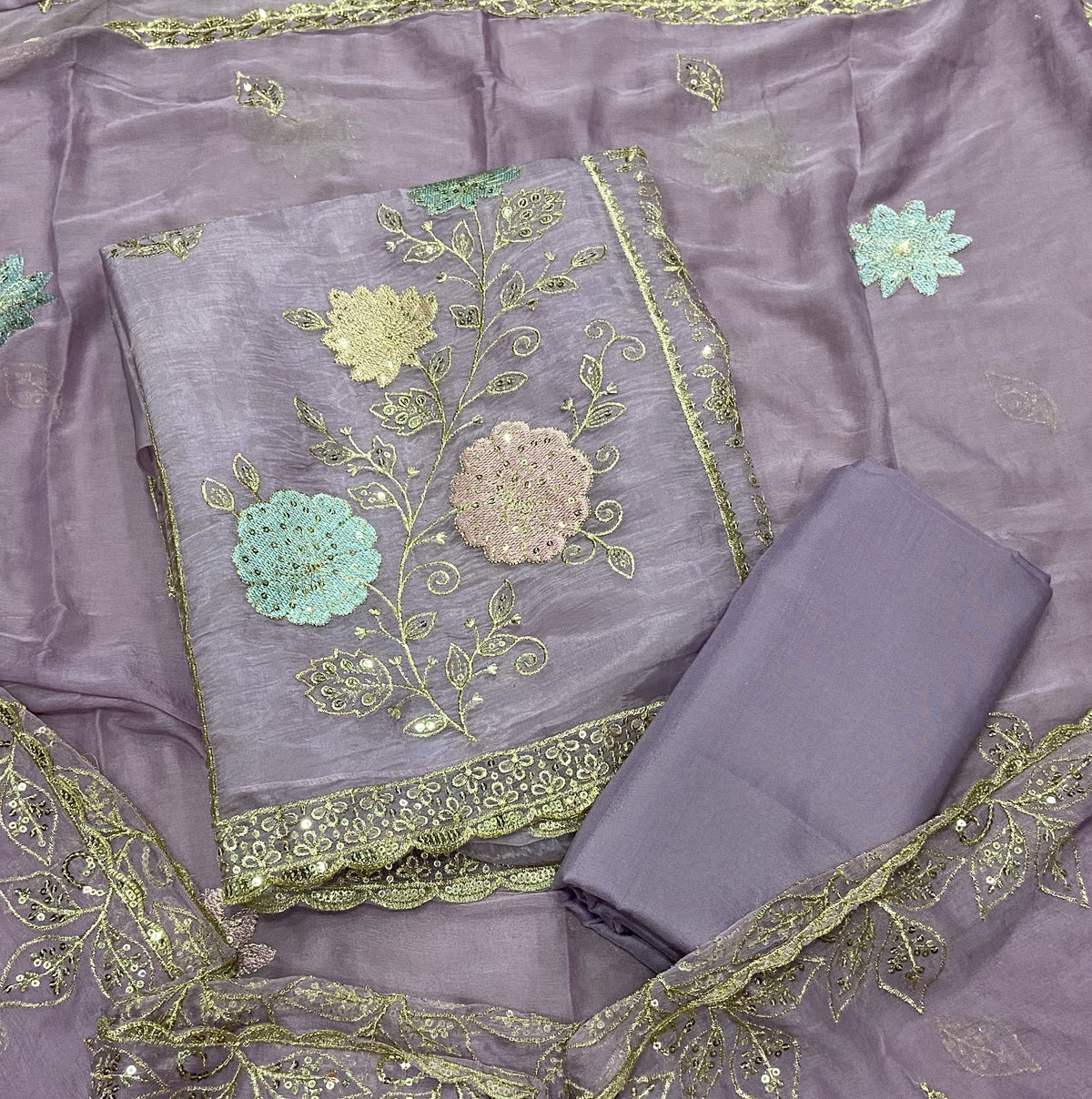 Crush Silk Suit Set with Zari & Sequins Work