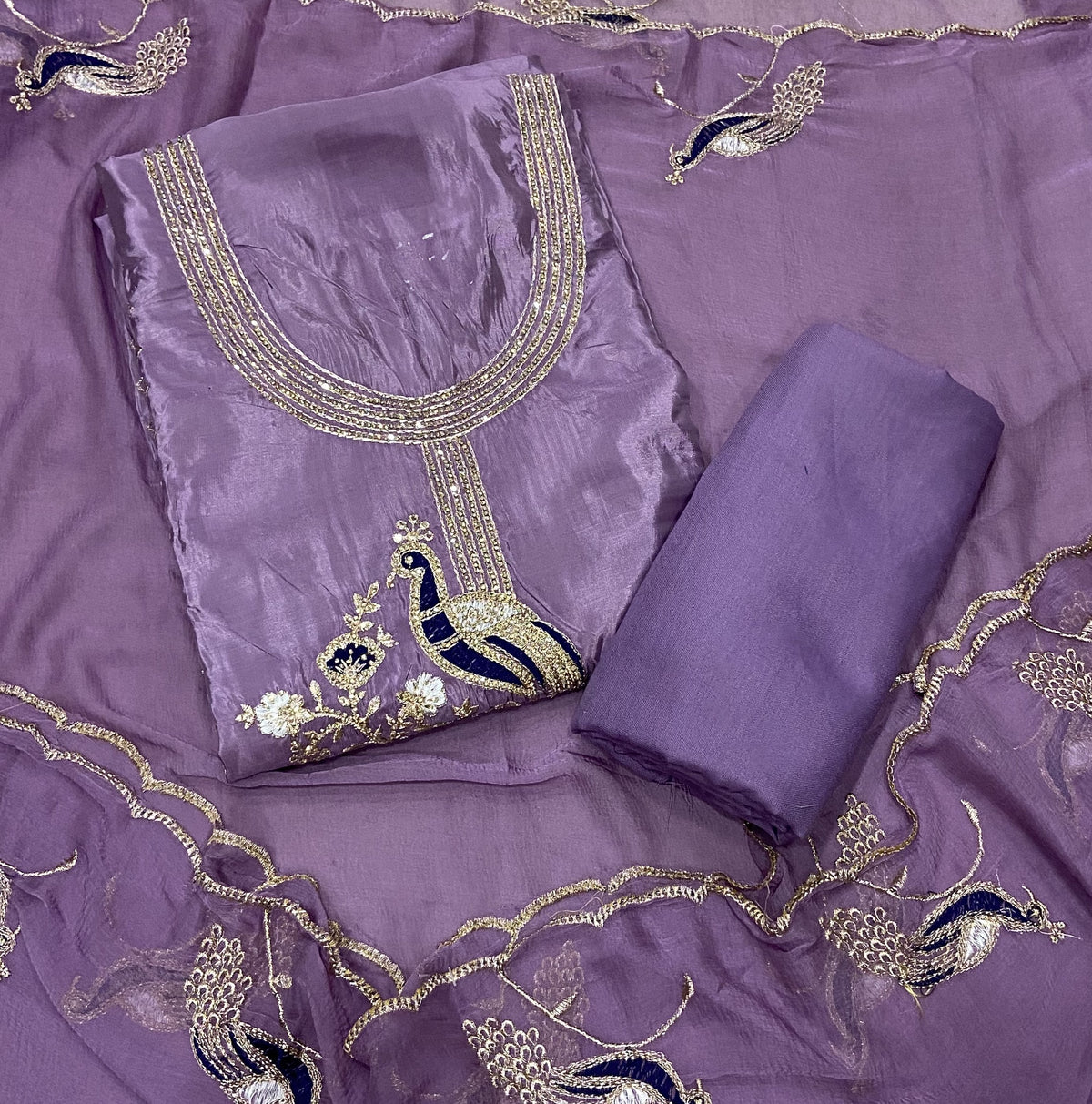 Classy Glass Organza Suit Set with Stone & Zari Thread Work