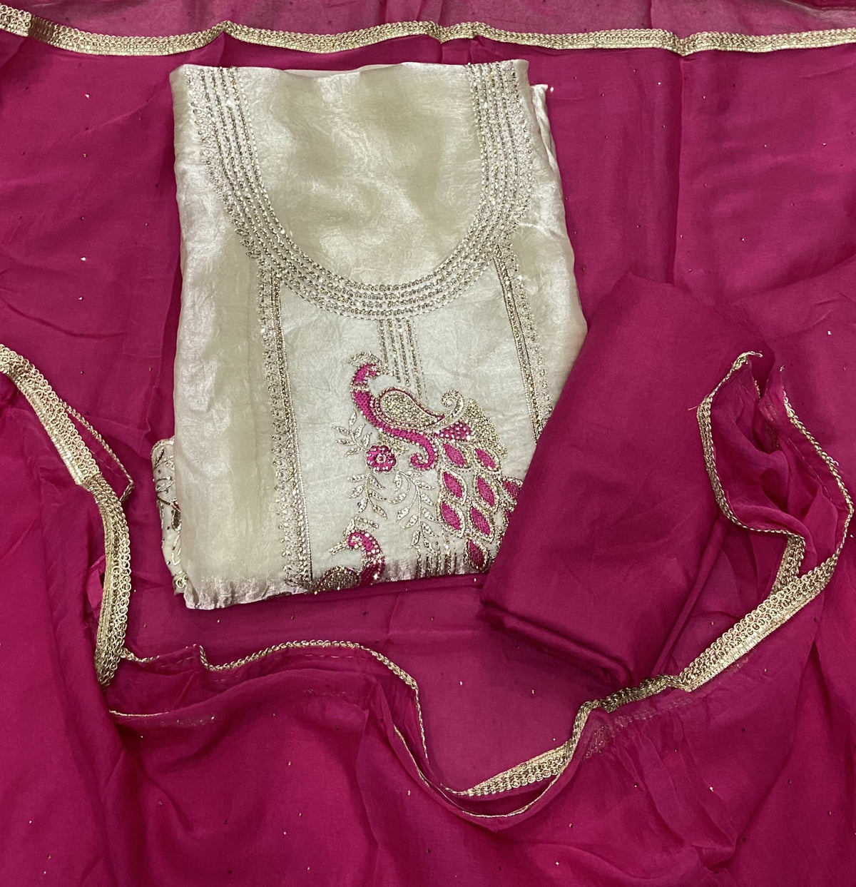 Crush Silk Suit Set with Zari & Stone Work