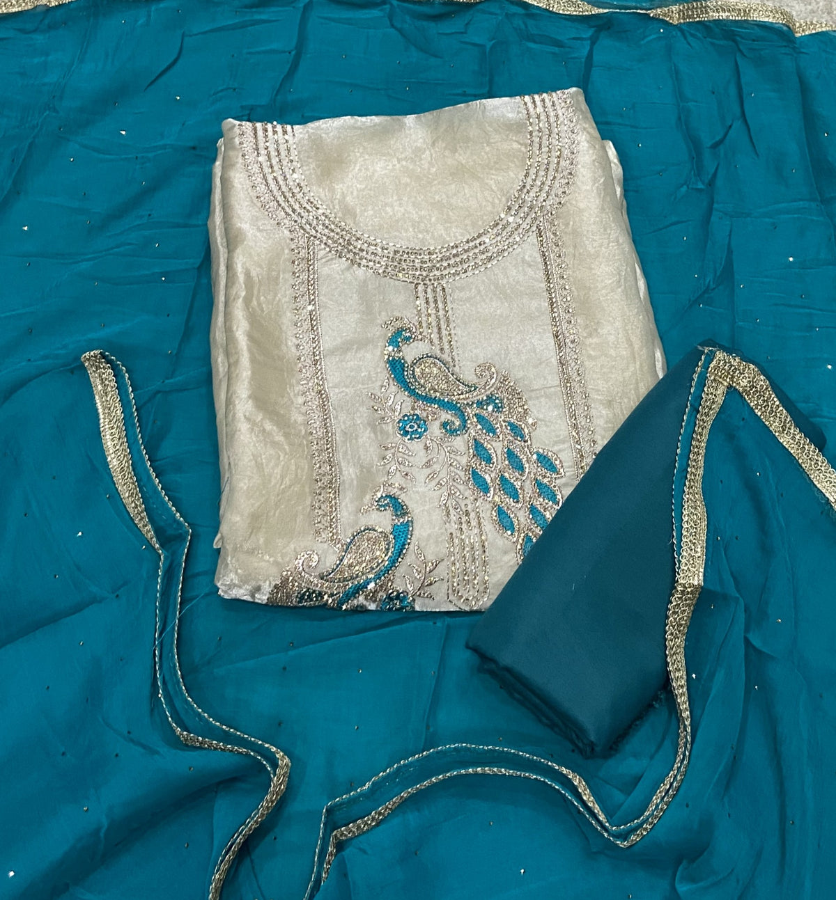 Crush Silk Suit Set with Zari & Stone Work