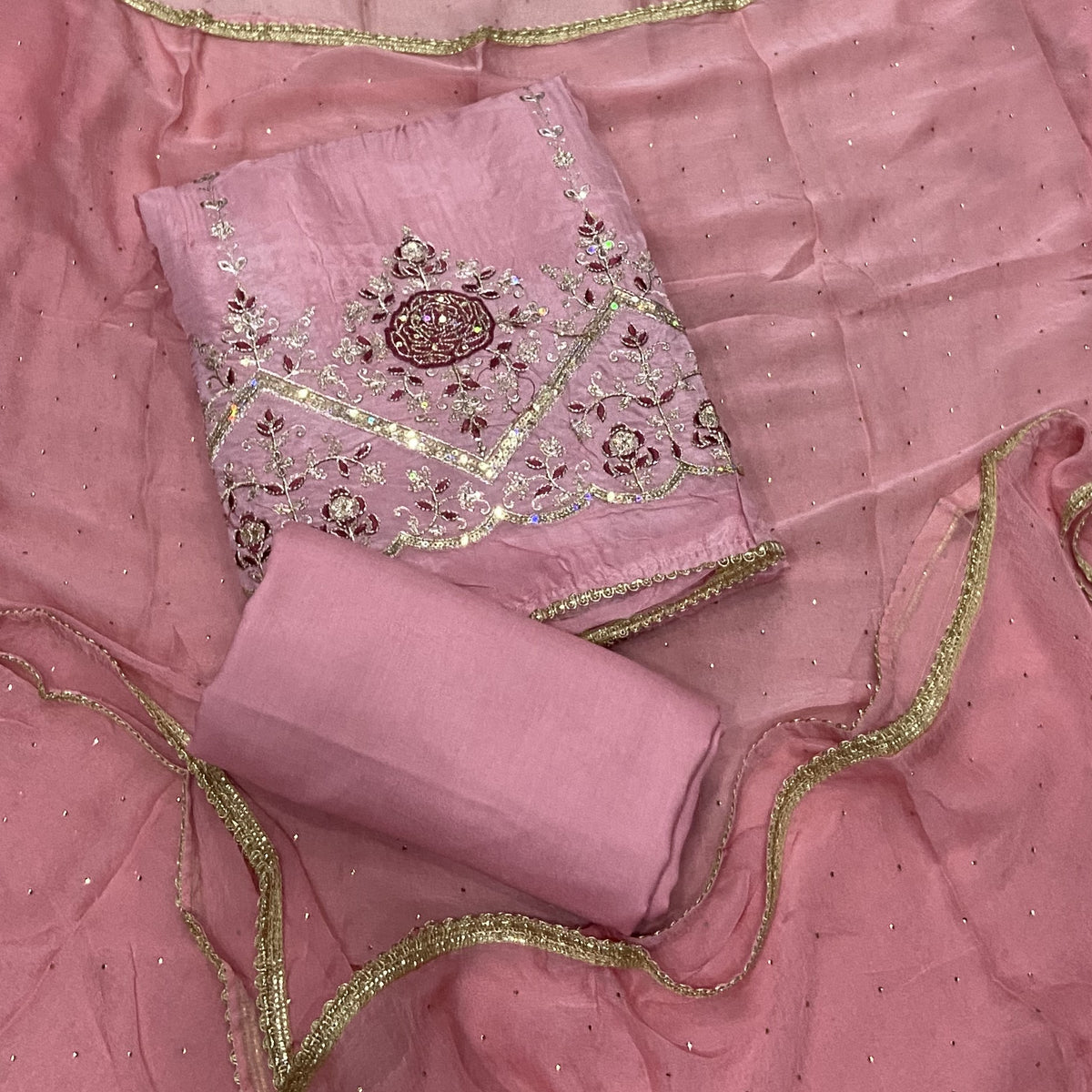 Classy Glass Organza Suit Set with Sequence & Zari Thread Work