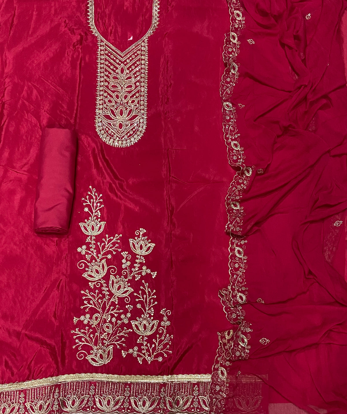 Classy Glass Organza Suit Set with Stone & Zari Thread Work