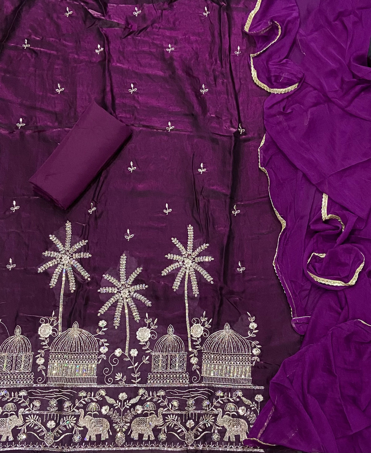 Crush Silk Suit Set with Zari, Cutdana & Sequins Work