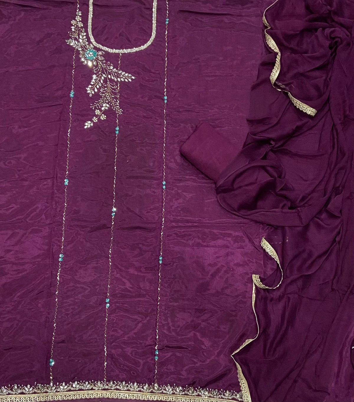 Glass Organza Suit Set with Heavy Real Mirror & Pearl Work