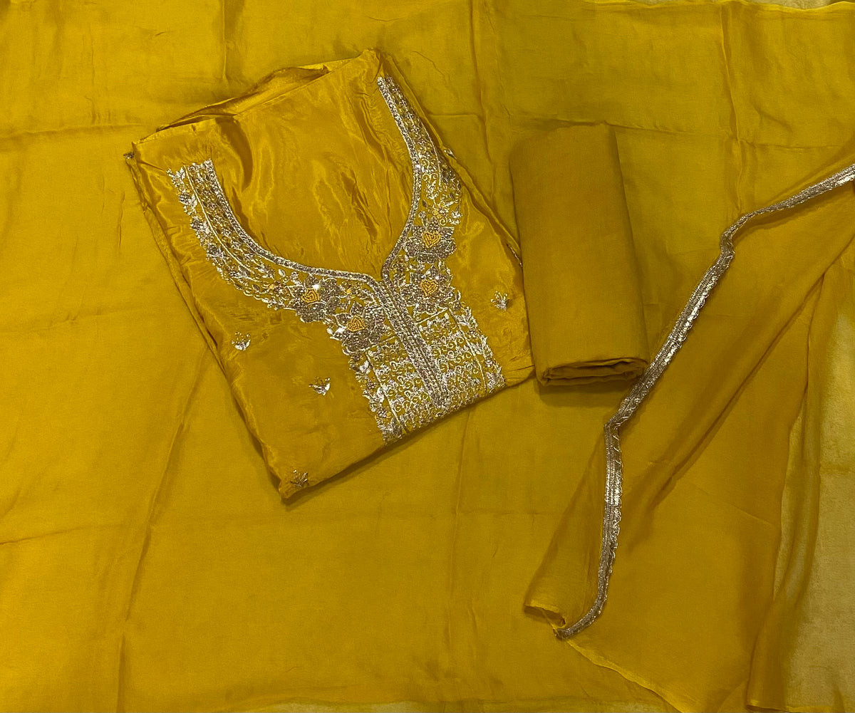 Classy Glass Organza Suit Set with Stone & Zari Thread Work