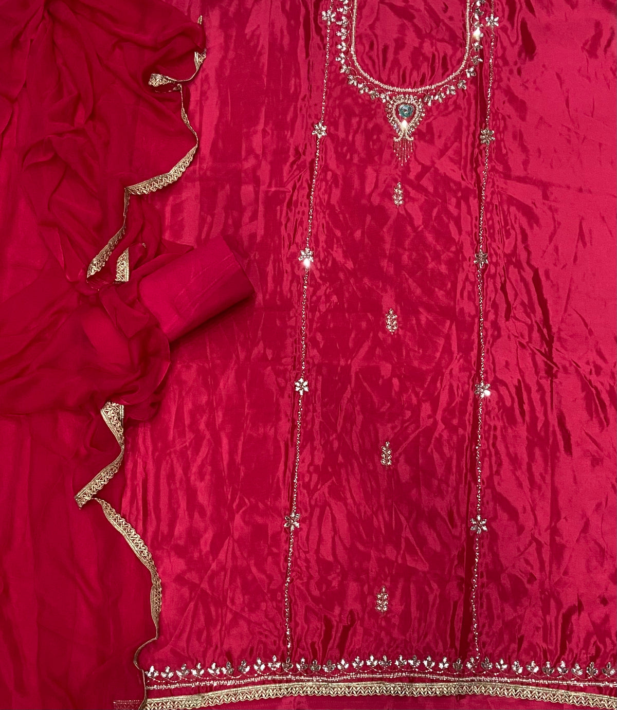 Glass Organza Suit Set with Heavy Real Mirror & Pearl Work