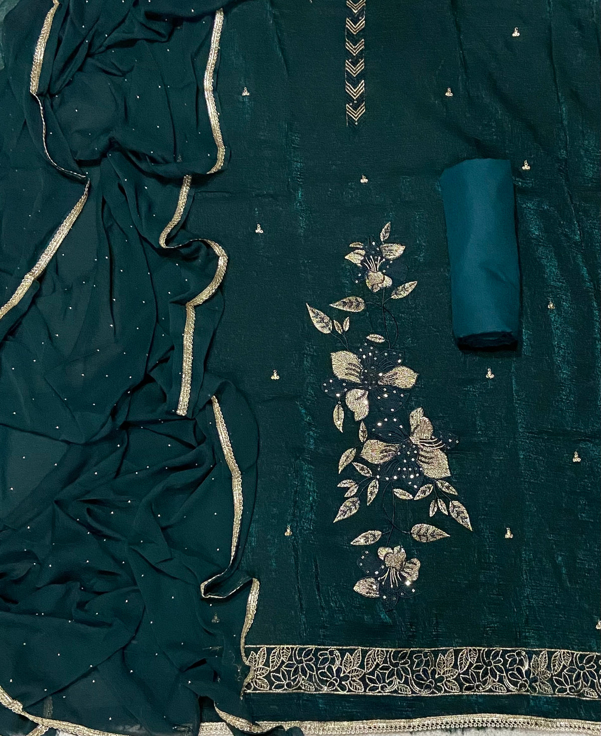 Fancy Crunchy Suit Set with Sequins Heavy Zari Thread Work