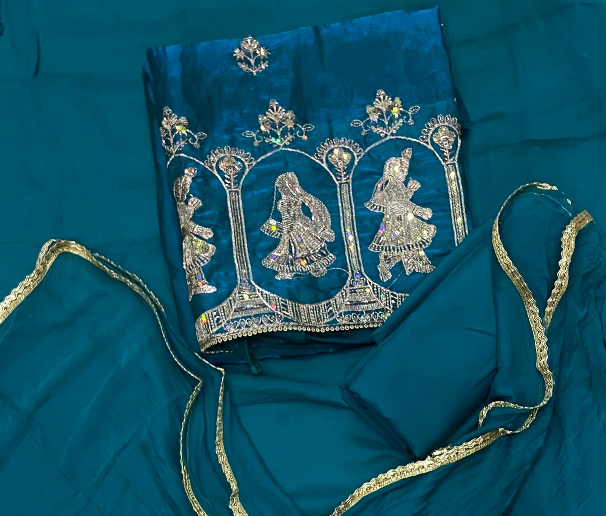 Crush Silk Suit Set with Zari, Cutdana & Sequins Work