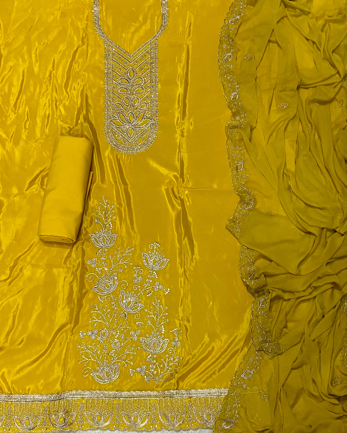 Classy Glass Organza Suit Set with Stone & Zari Thread Work