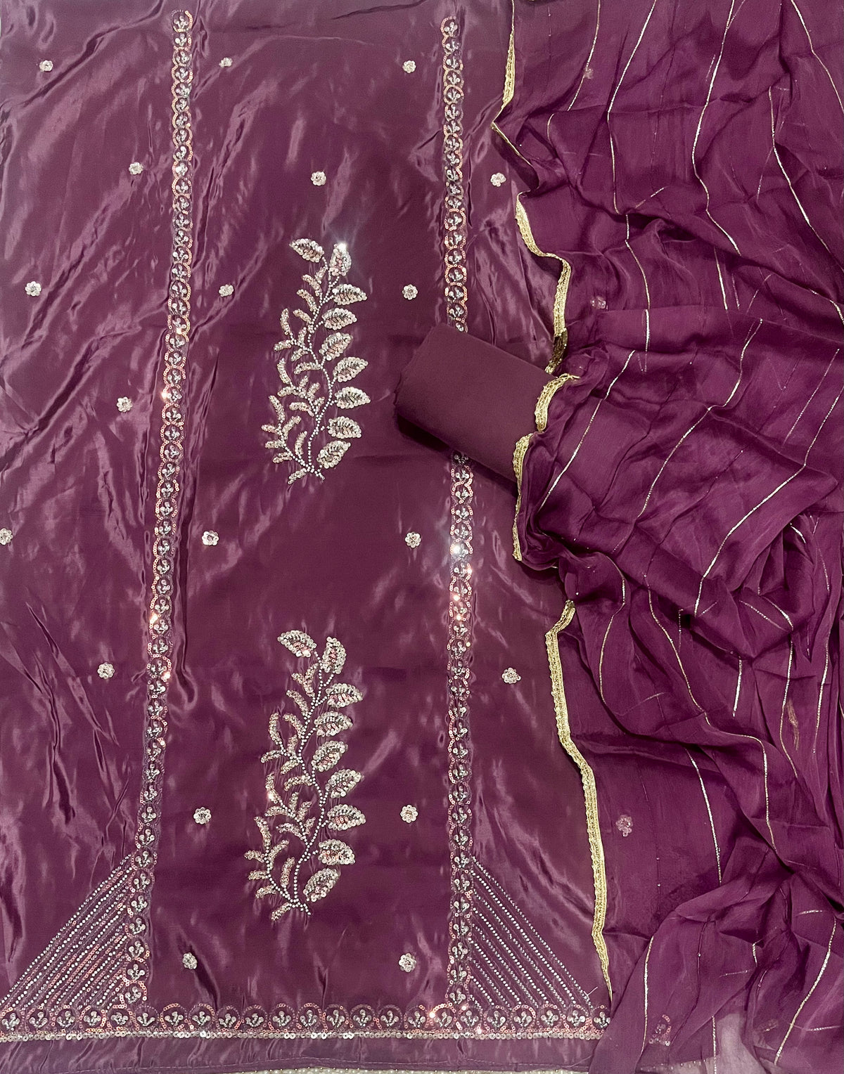 Fancy Glass Organza Suit Set with Heavy Pearl & Cutdana Work