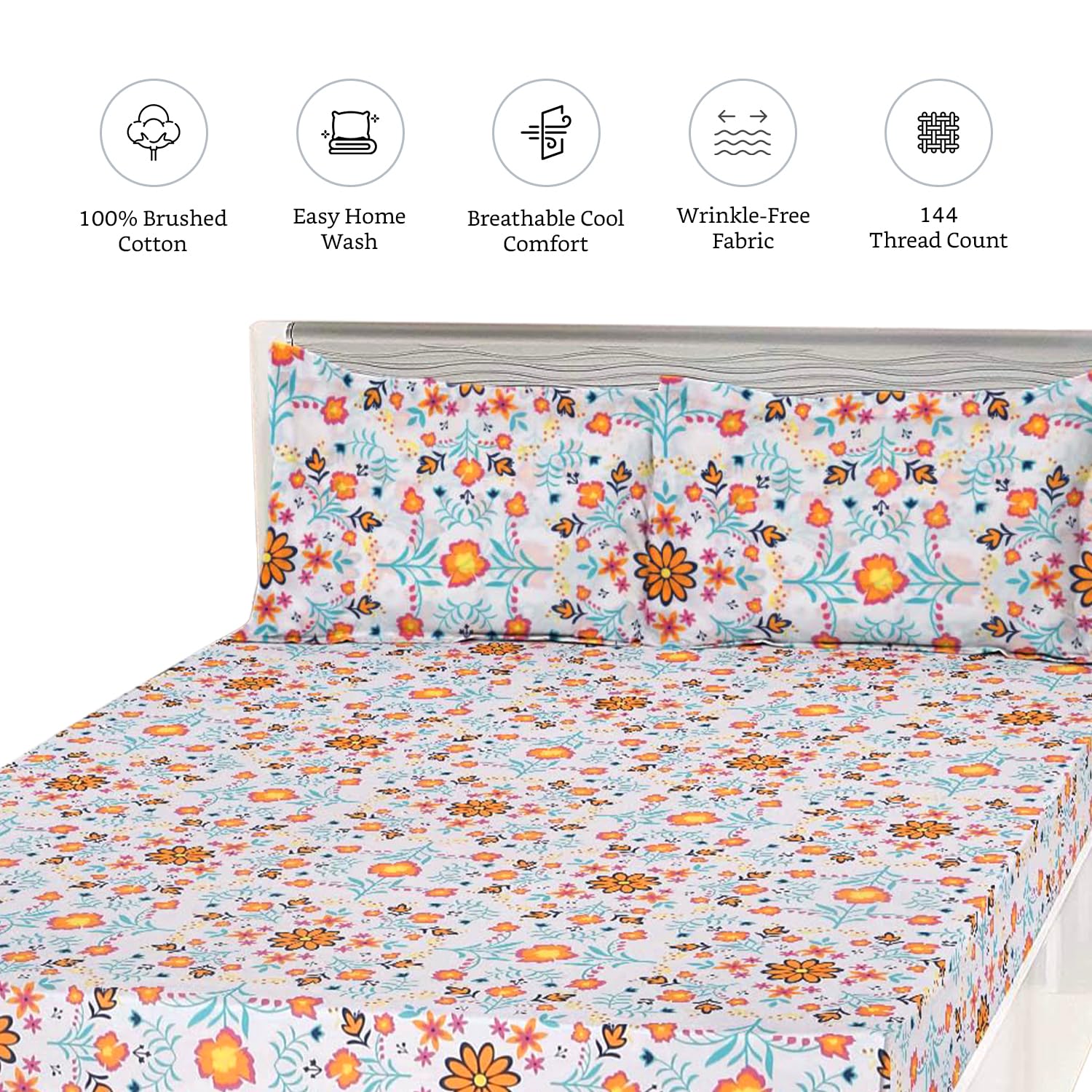 Yanchi Floral Haven 144 TC 100% Cotton King Size Bedsheet with 2 Pillow Covers, Orange