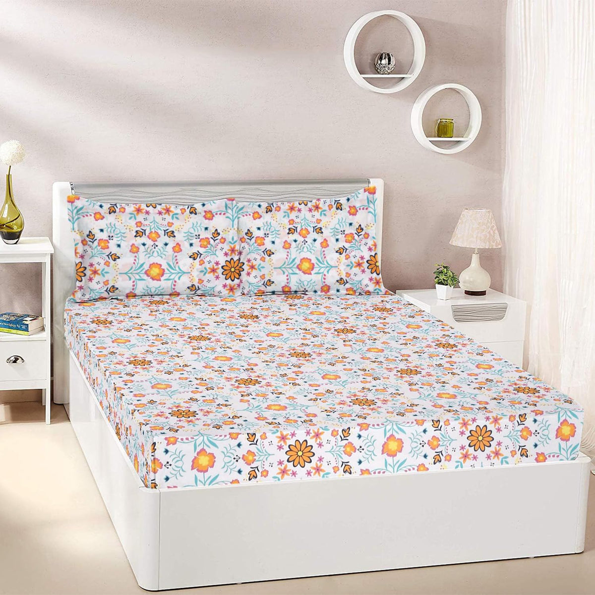 Yanchi Floral Haven 144 TC 100% Cotton King Size Bedsheet with 2 Pillow Covers, Orange