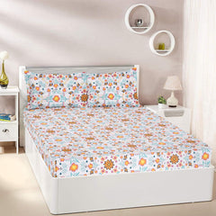 Yanchi Floral Haven 144 TC 100% Cotton King Size Bedsheet with 2 Pillow Covers, Orange