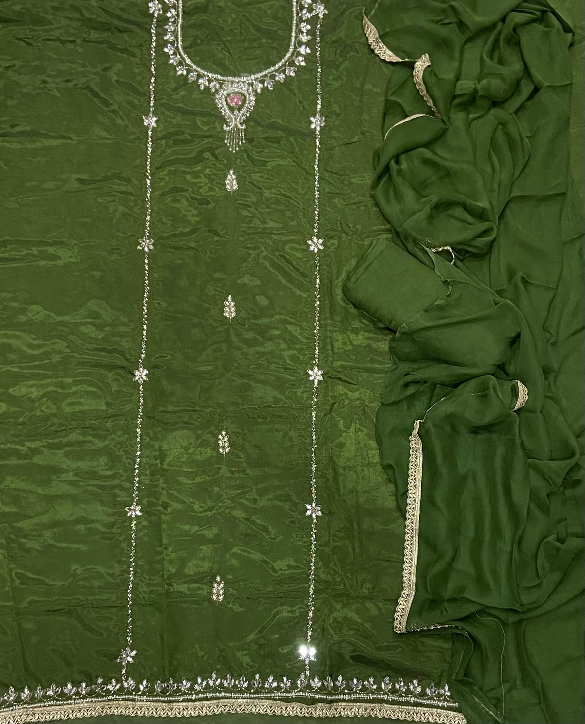 Glass Organza Suit Set with Heavy Real Mirror & Pearl Work