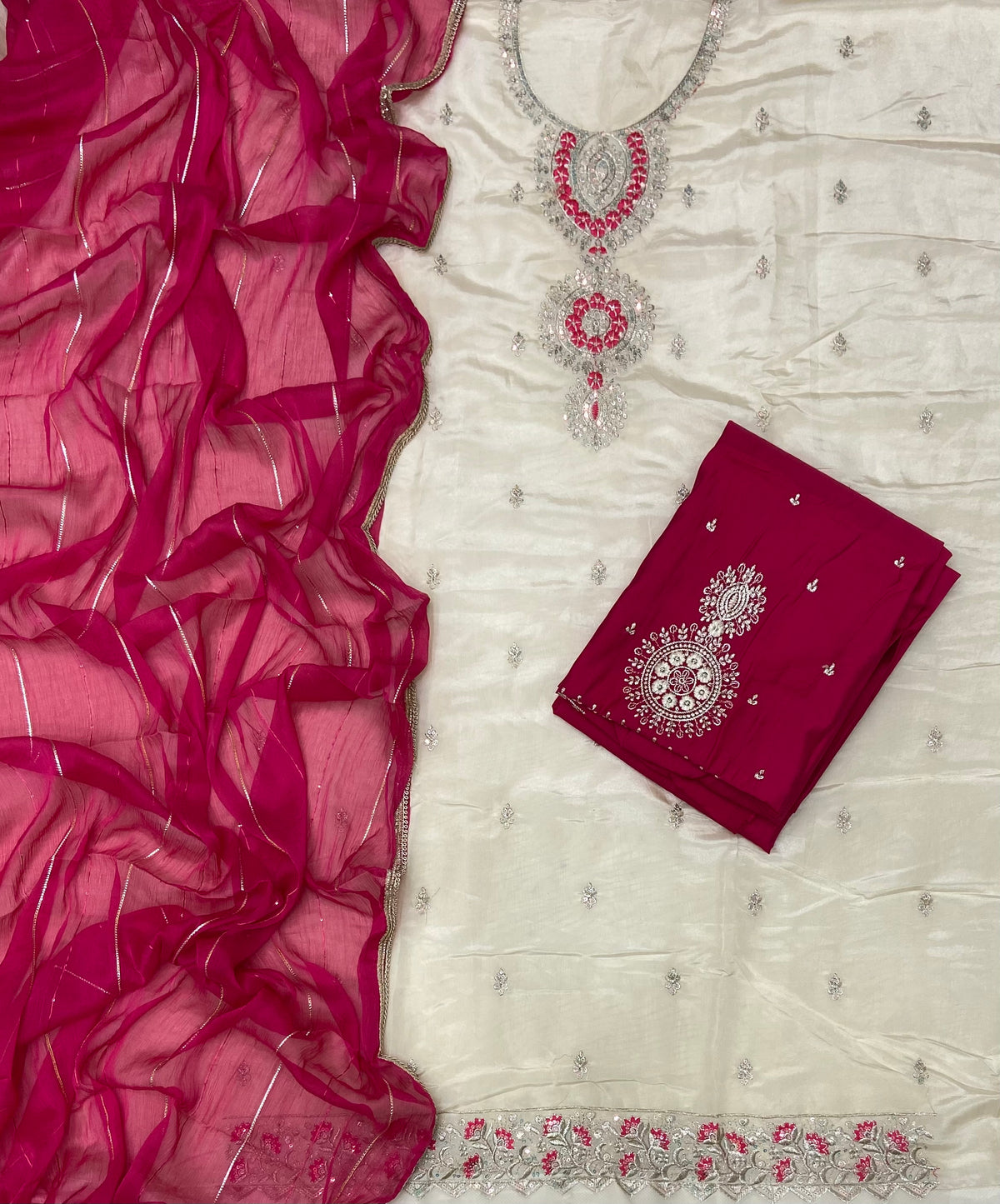 Glass Organza Suit Set with Sequins & Thread Work (Bottom Work)
