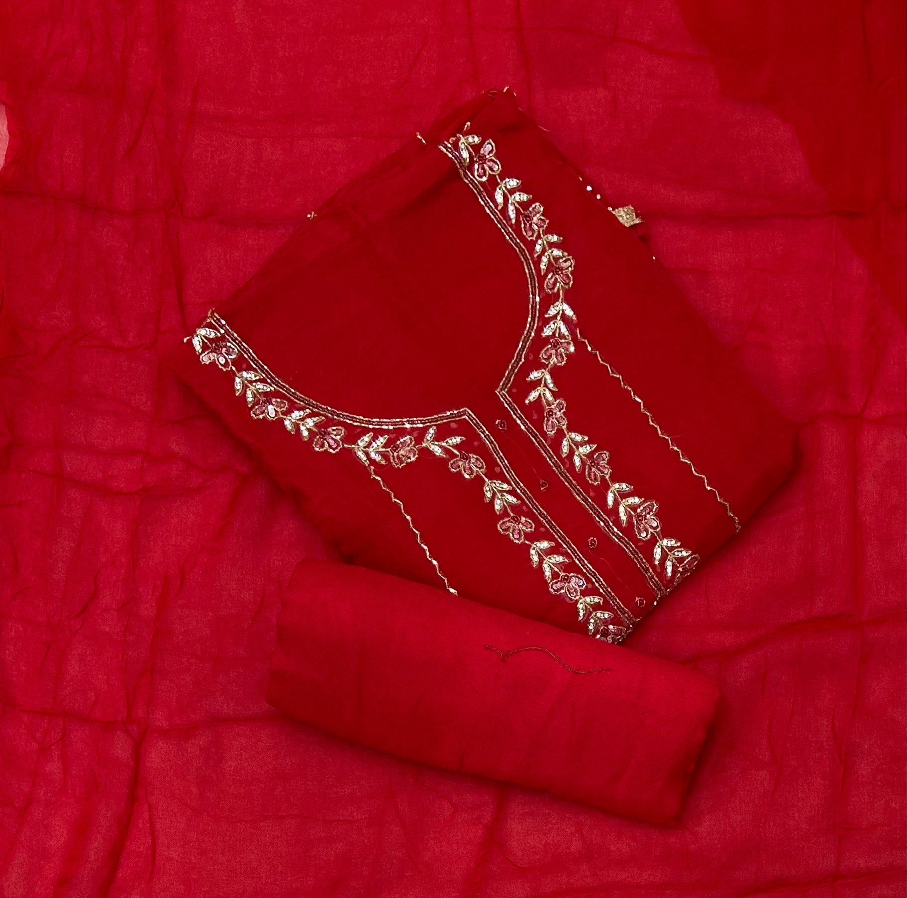 Karwa Special Red Organza Heavy Sequins & Cutdana Work Suit Set