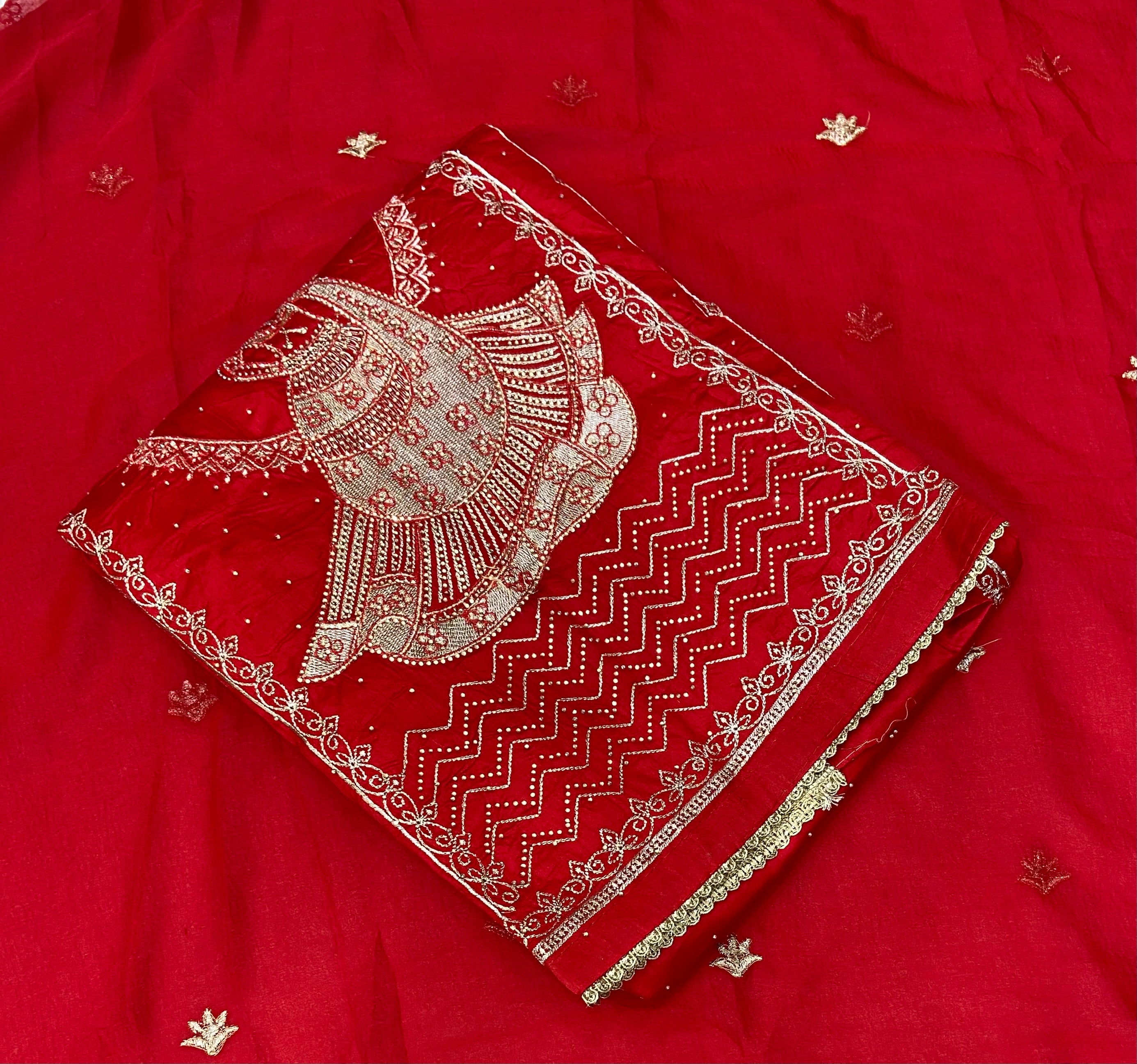 Karwa Special Red Fancy Jaam Heavy Zari Embroidery Work Suit Set