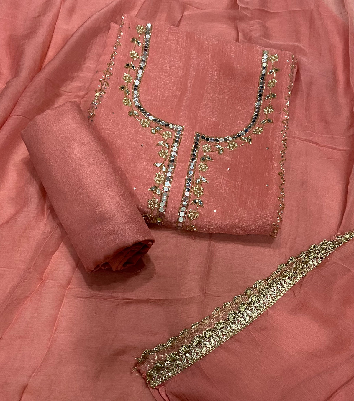 Fancy Crunchy Suit Set with Mirror & Cutdana Work