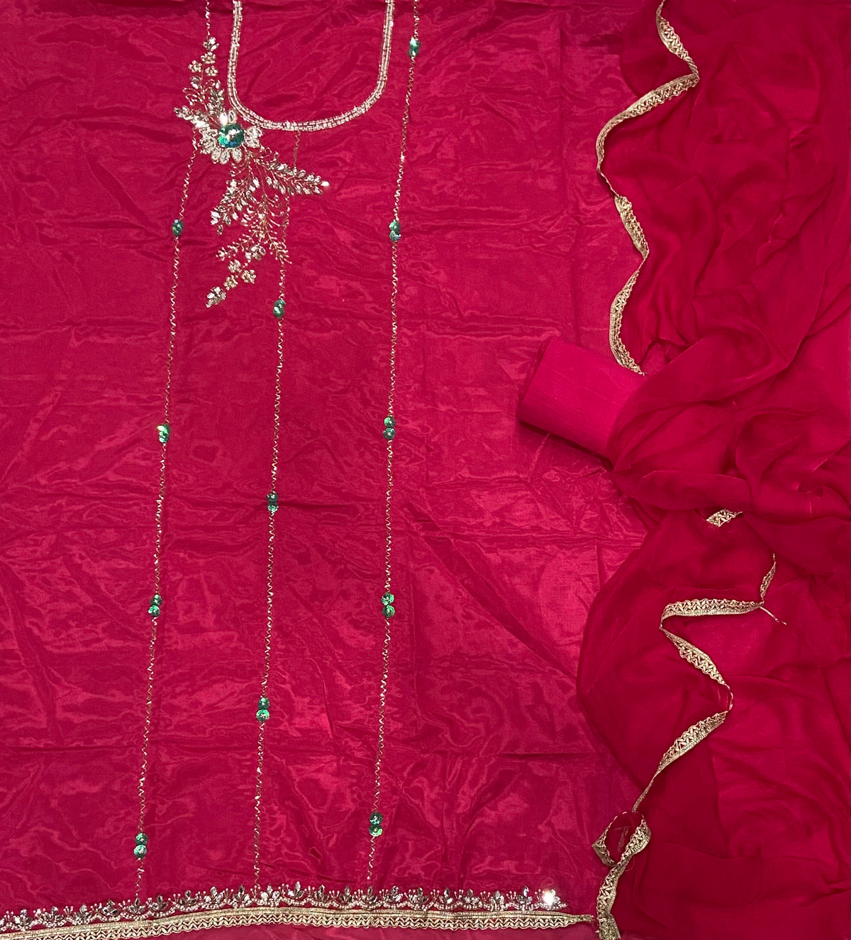 Glass Organza Suit Set with Heavy Real Mirror & Pearl Work