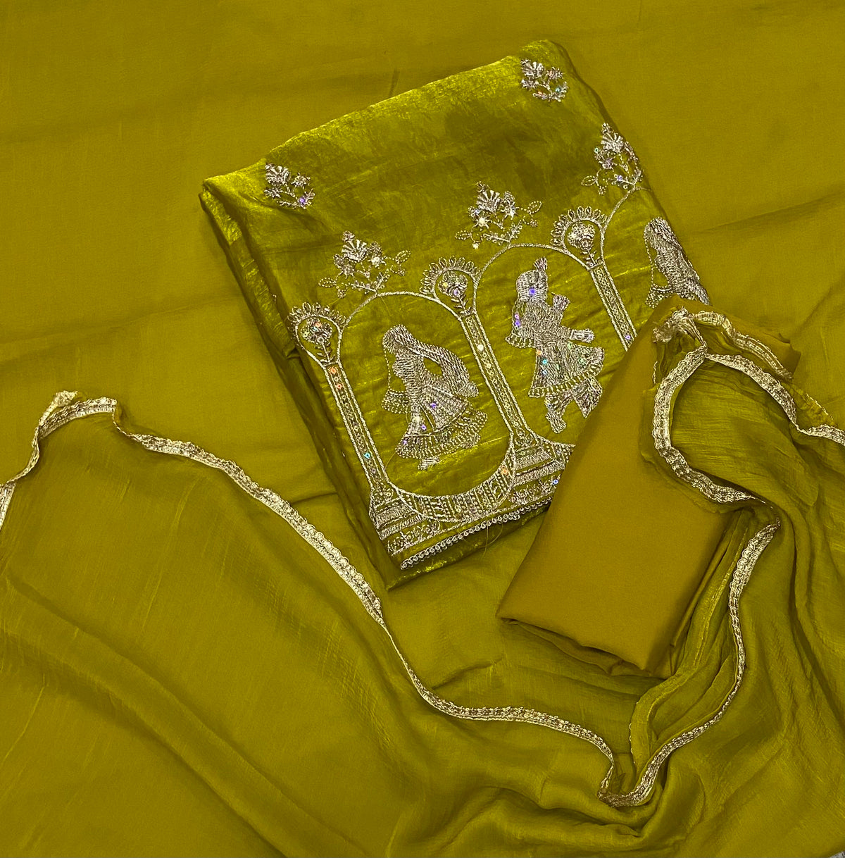 Crush Silk Suit Set with Zari, Cutdana & Sequins Work