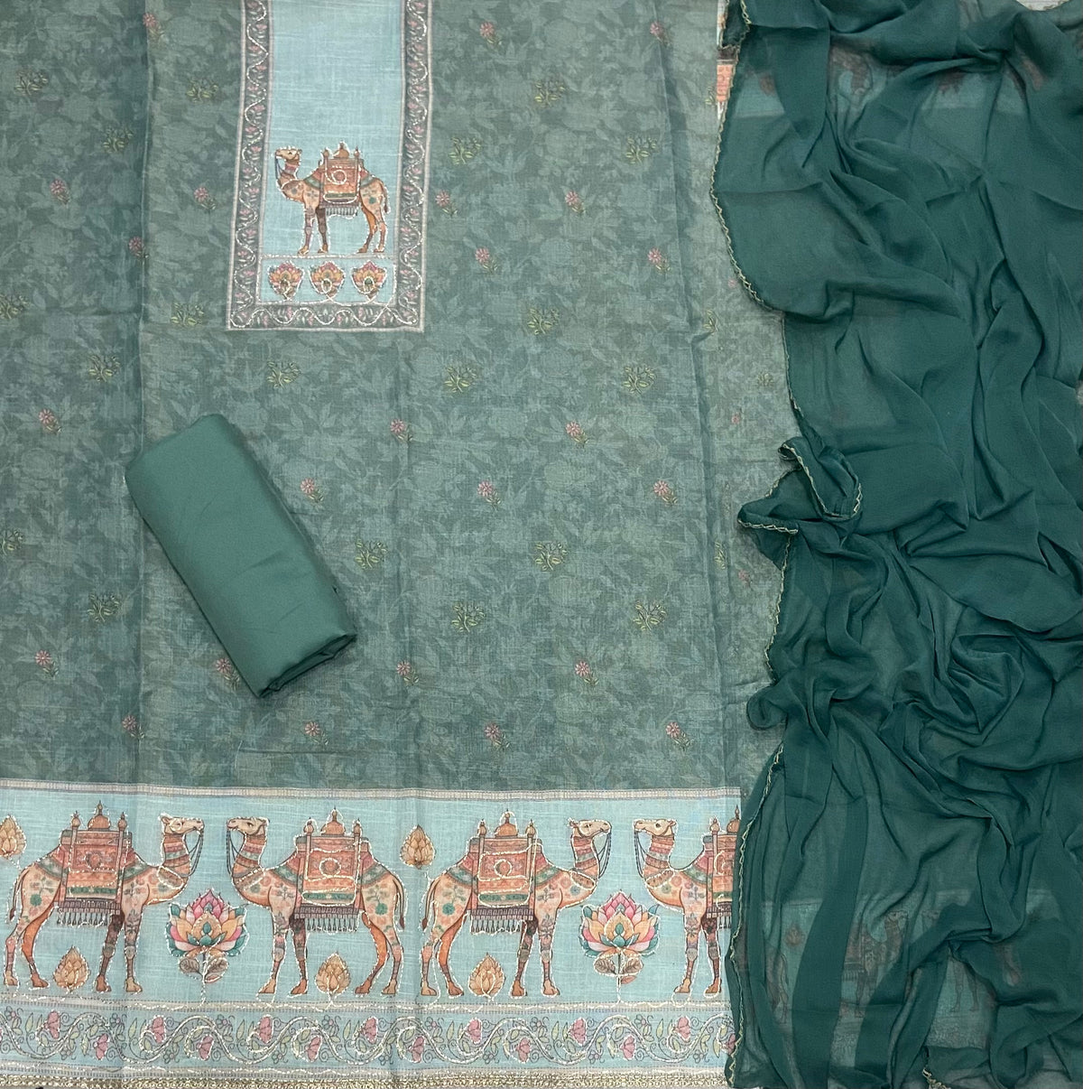 Classy Femora Linen Shimmer Silk Suit Set with Swarovski Work