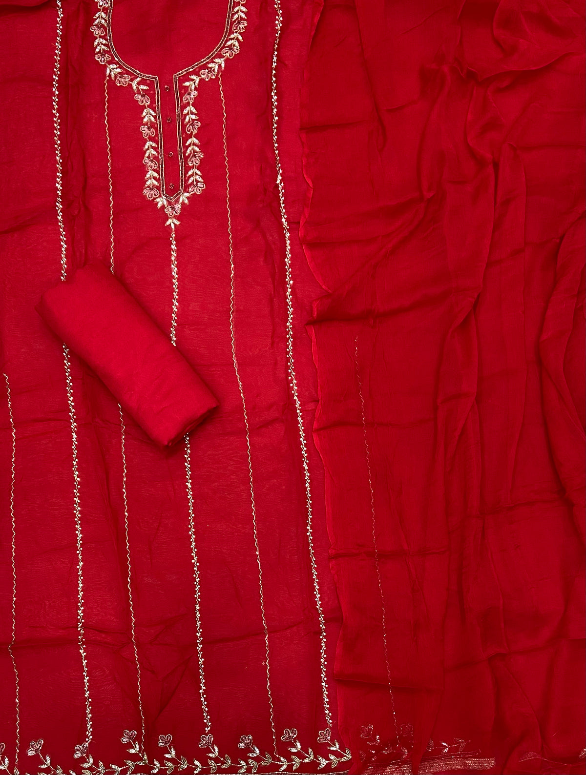 Karwa Special Red Organza Heavy Sequins & Cutdana Work Suit Set