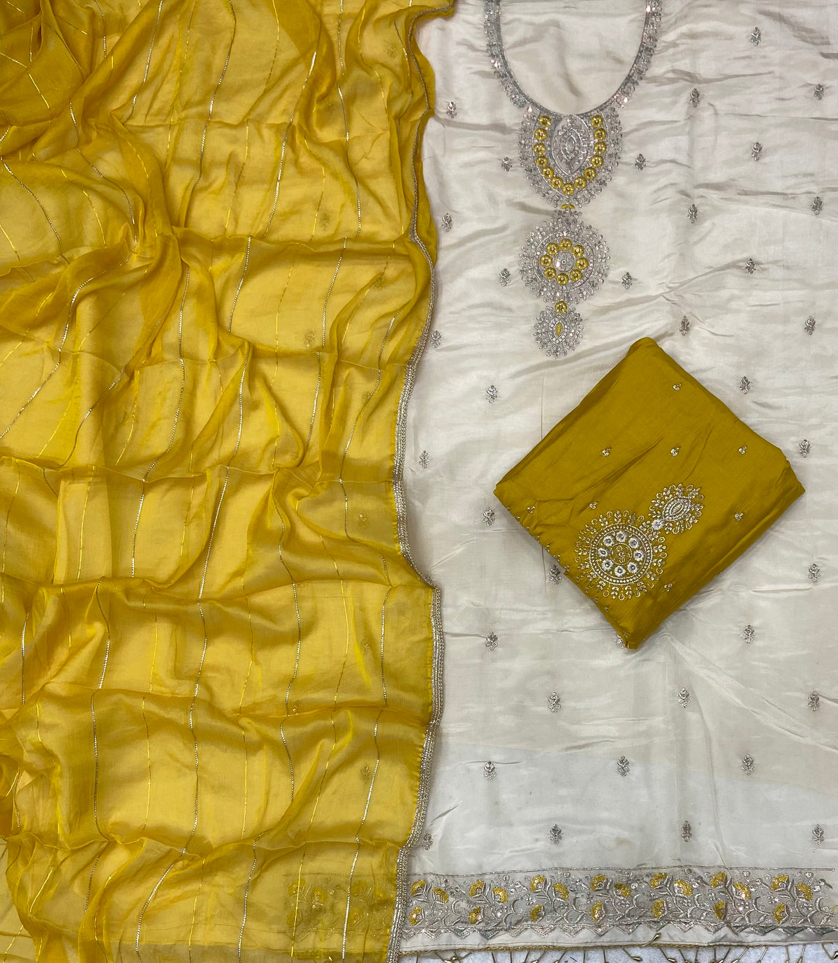 Glass Organza Suit Set with Sequins & Thread Work (Bottom Work)