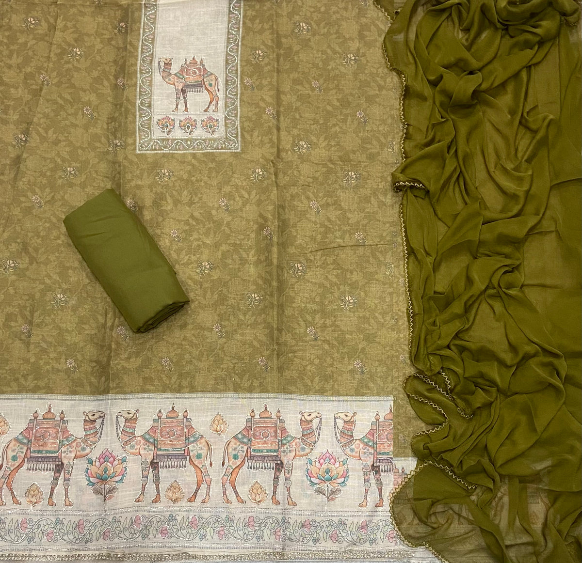 Classy Femora Linen Shimmer Silk Suit Set with Swarovski Work