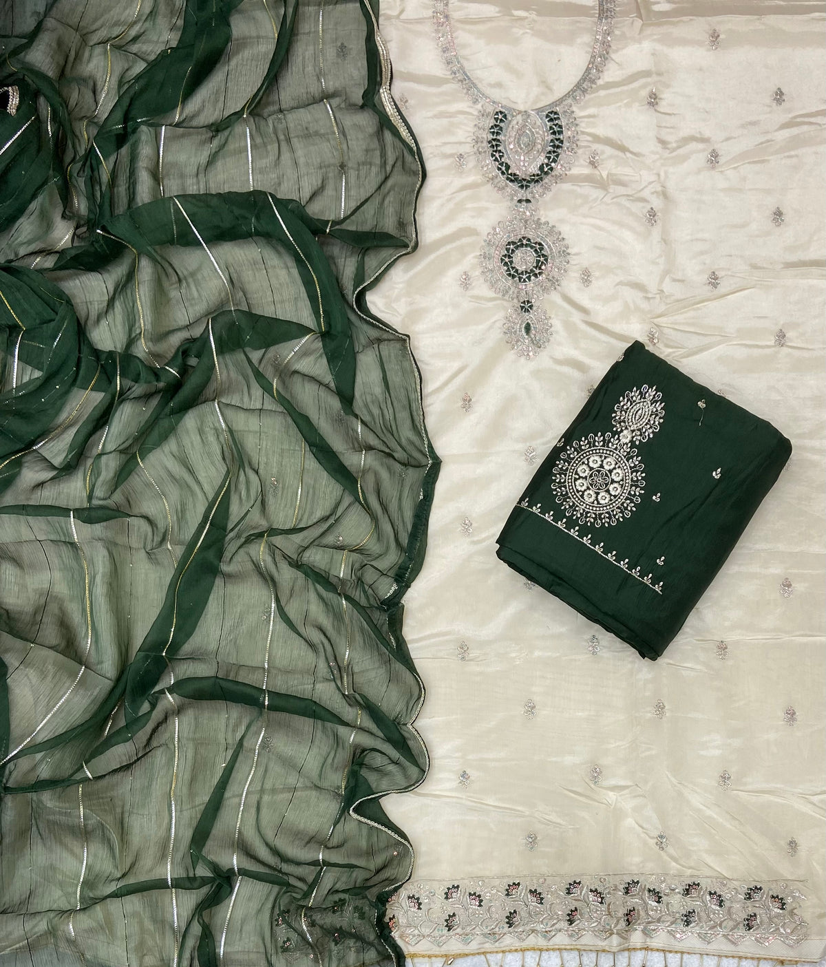 Glass Organza Suit Set with Sequins & Thread Work (Bottom Work)