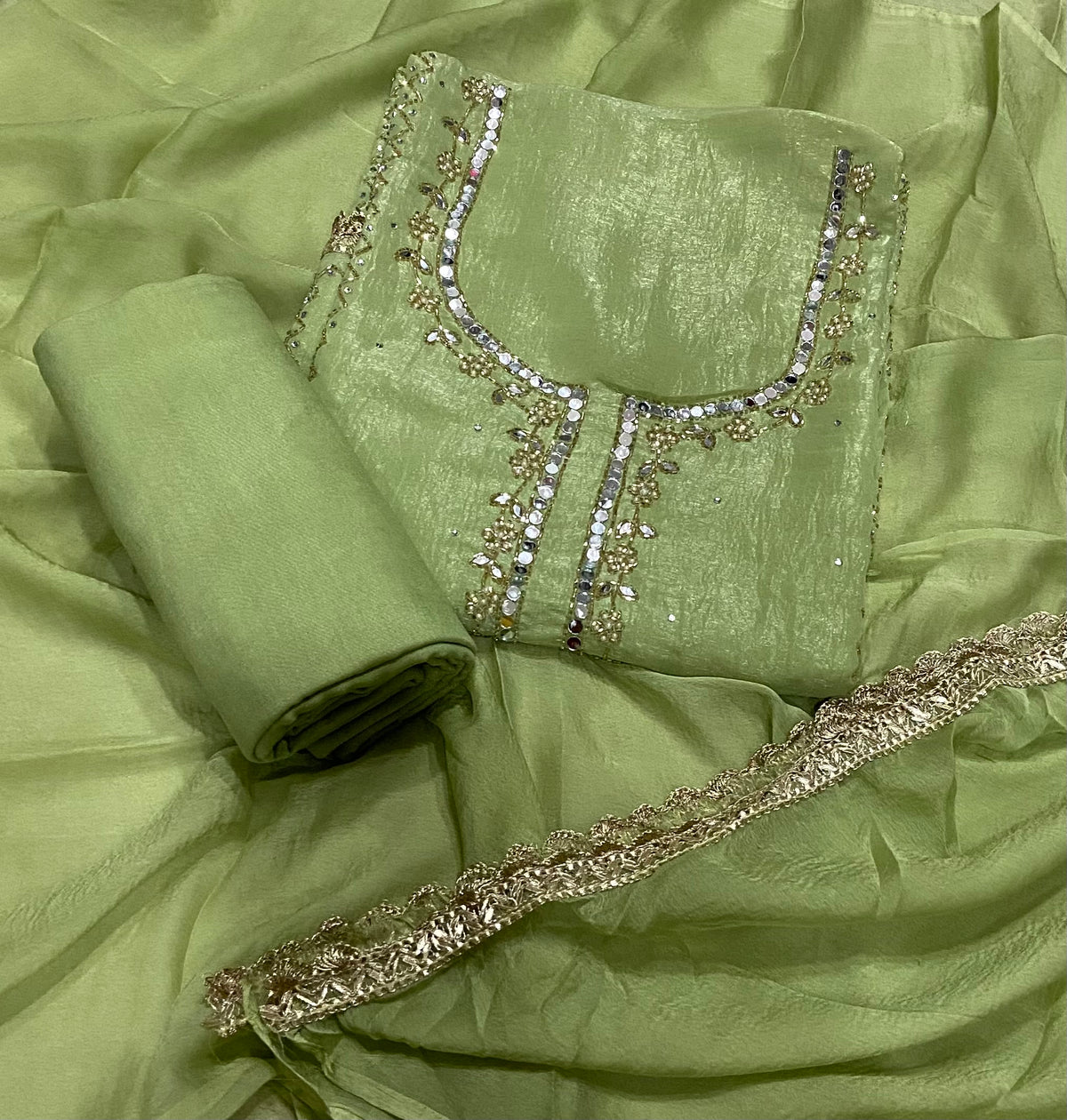 Fancy Crunchy Suit Set with Mirror & Cutdana Work