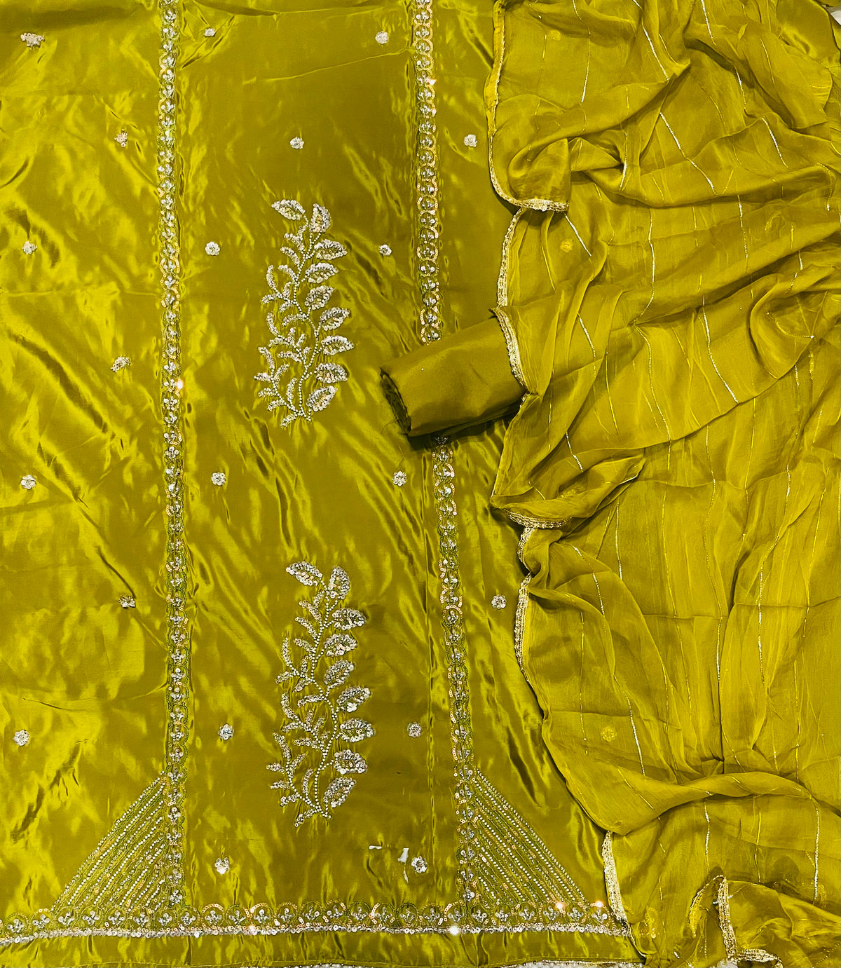 Fancy Glass Organza Suit Set with Heavy Pearl & Cutdana Work