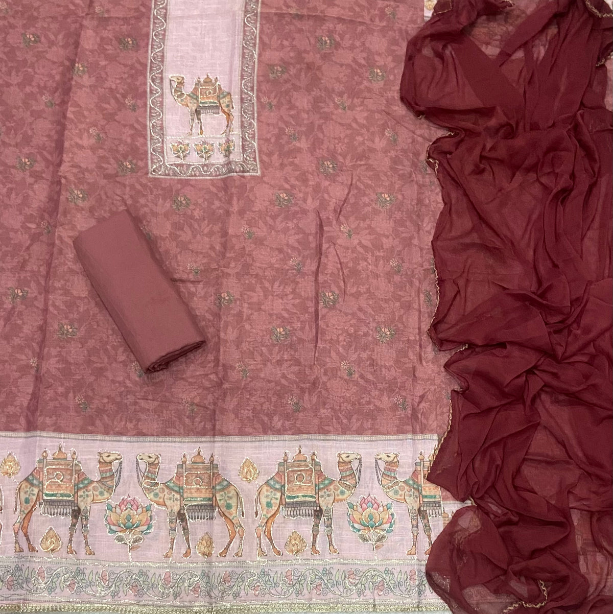 Classy Femora Linen Shimmer Silk Suit Set with Swarovski Work