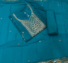 Classy Glass Organza Suit Set with Stone & Zari Thread Work