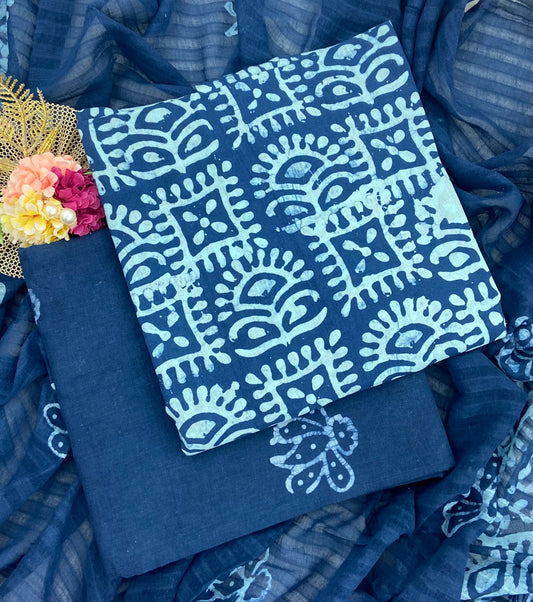 Block Print Cotton Suit Set (Navy Blue)