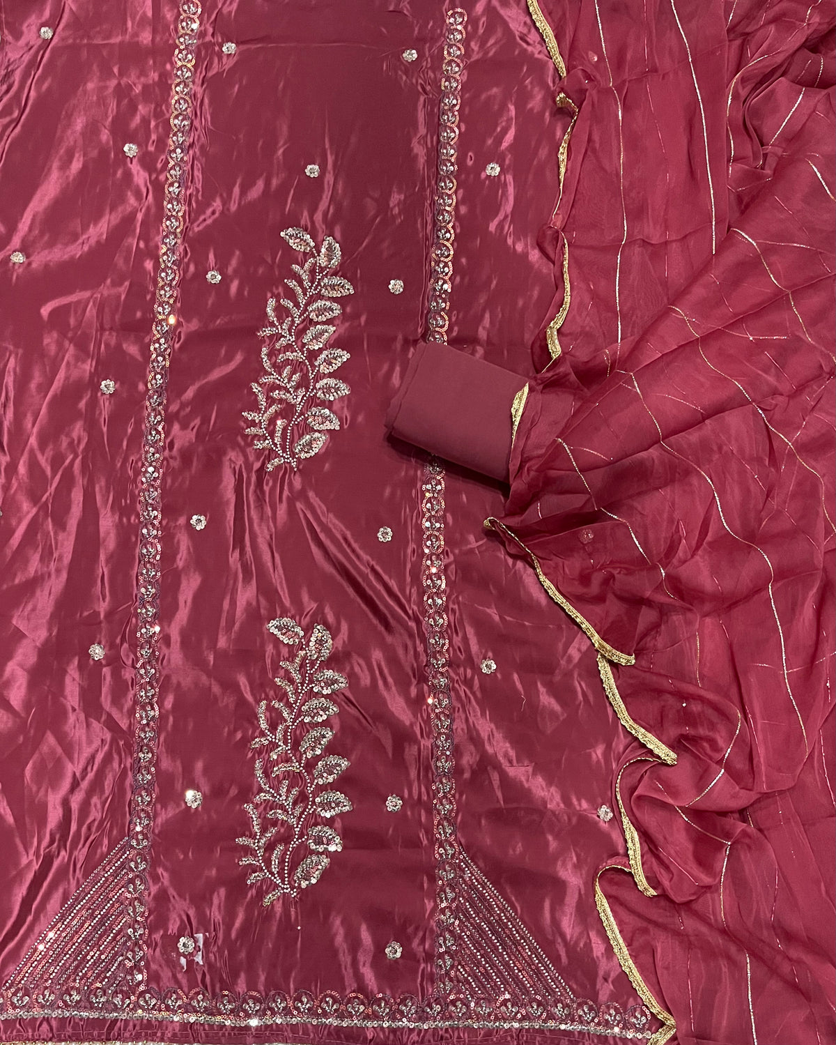 Fancy Glass Organza Suit Set with Heavy Pearl & Cutdana Work