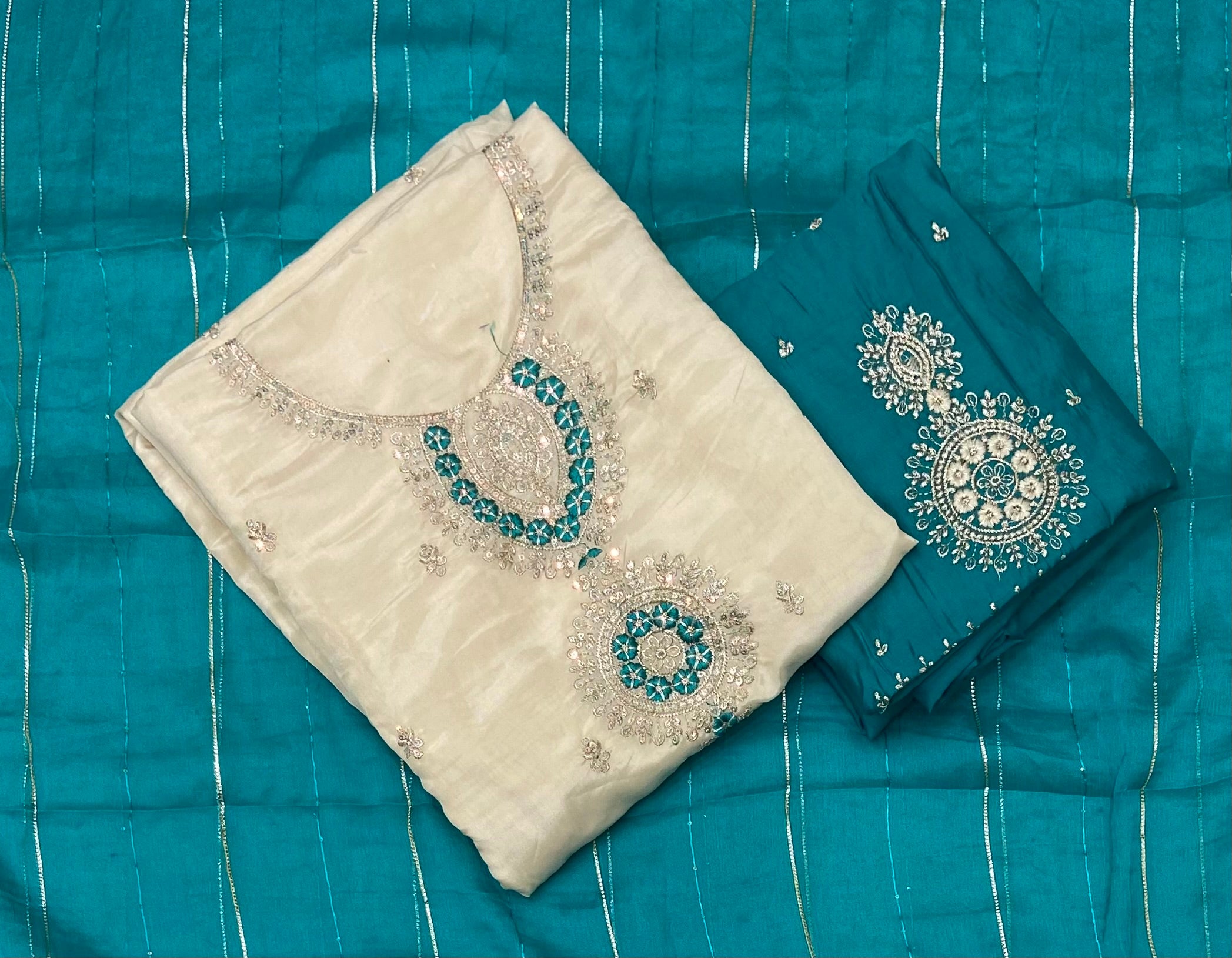 Glass Organza Suit Set with Sequins & Thread Work (Bottom Work)