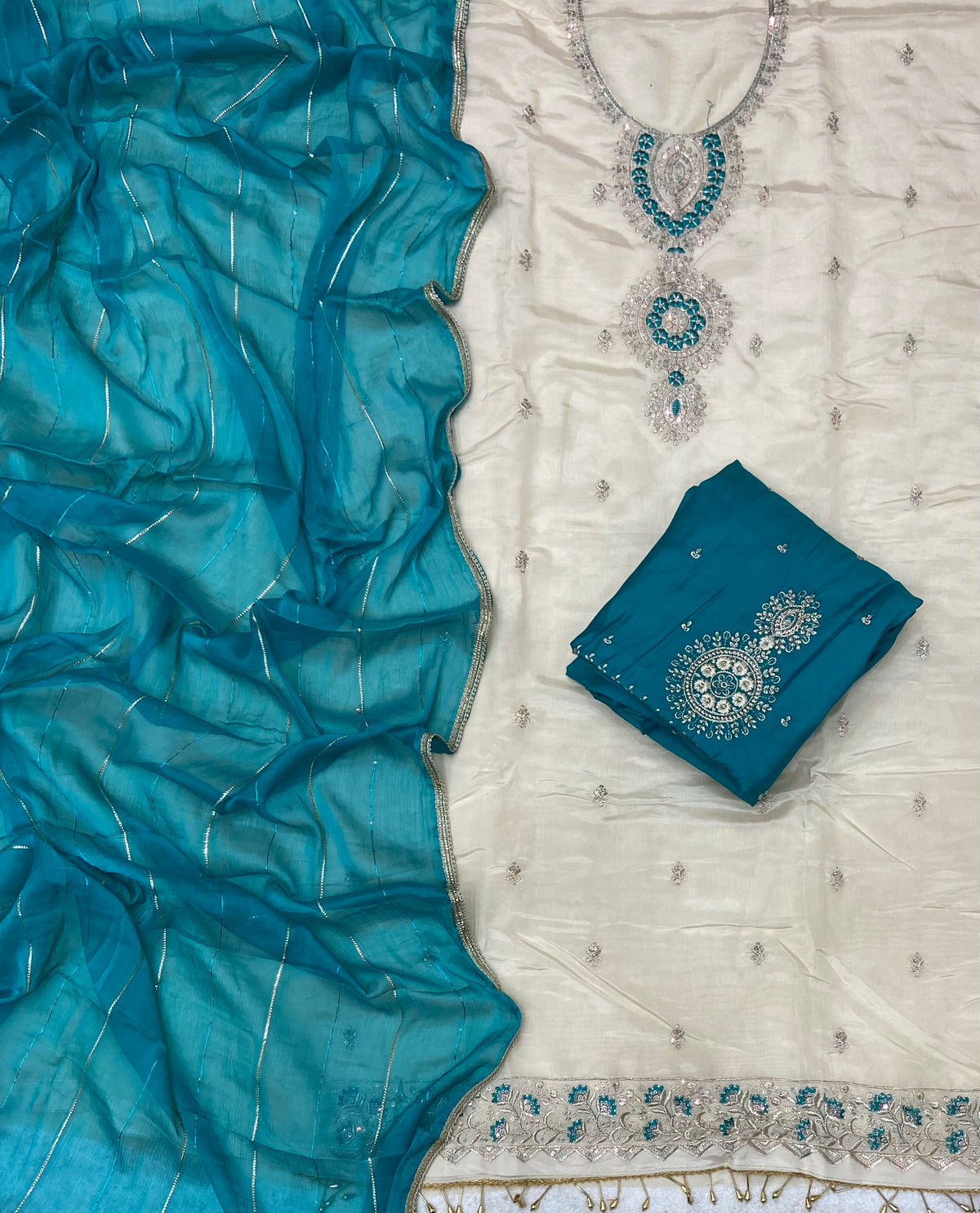 Glass Organza Suit Set with Sequins & Thread Work (Bottom Work)