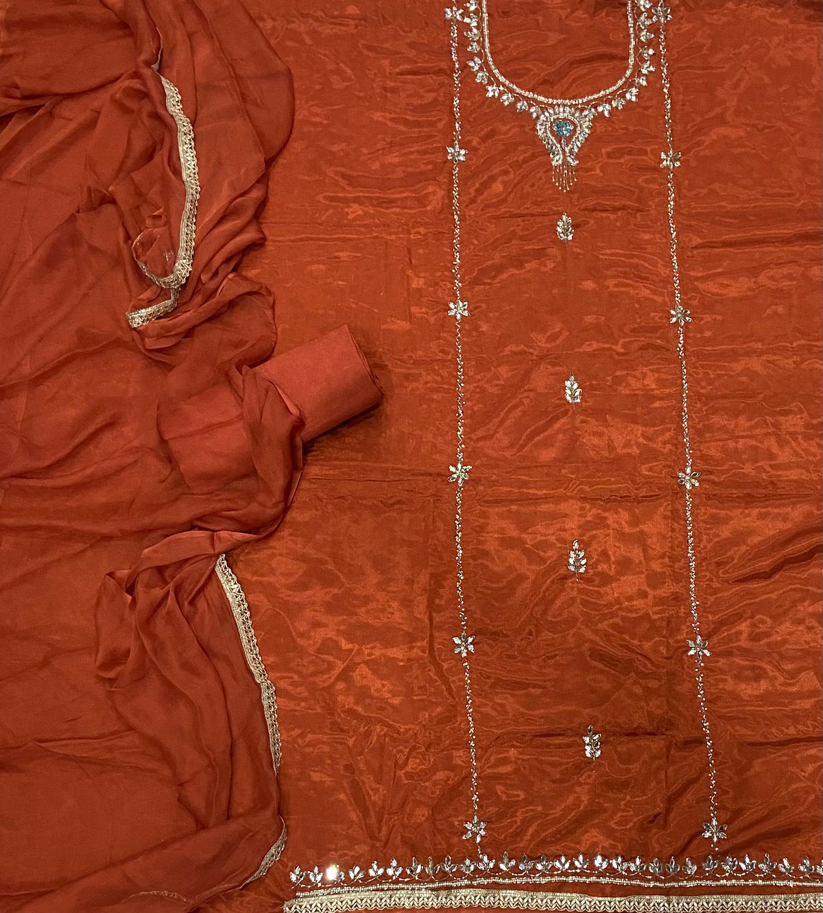 Glass Organza Suit Set with Heavy Real Mirror & Pearl Work