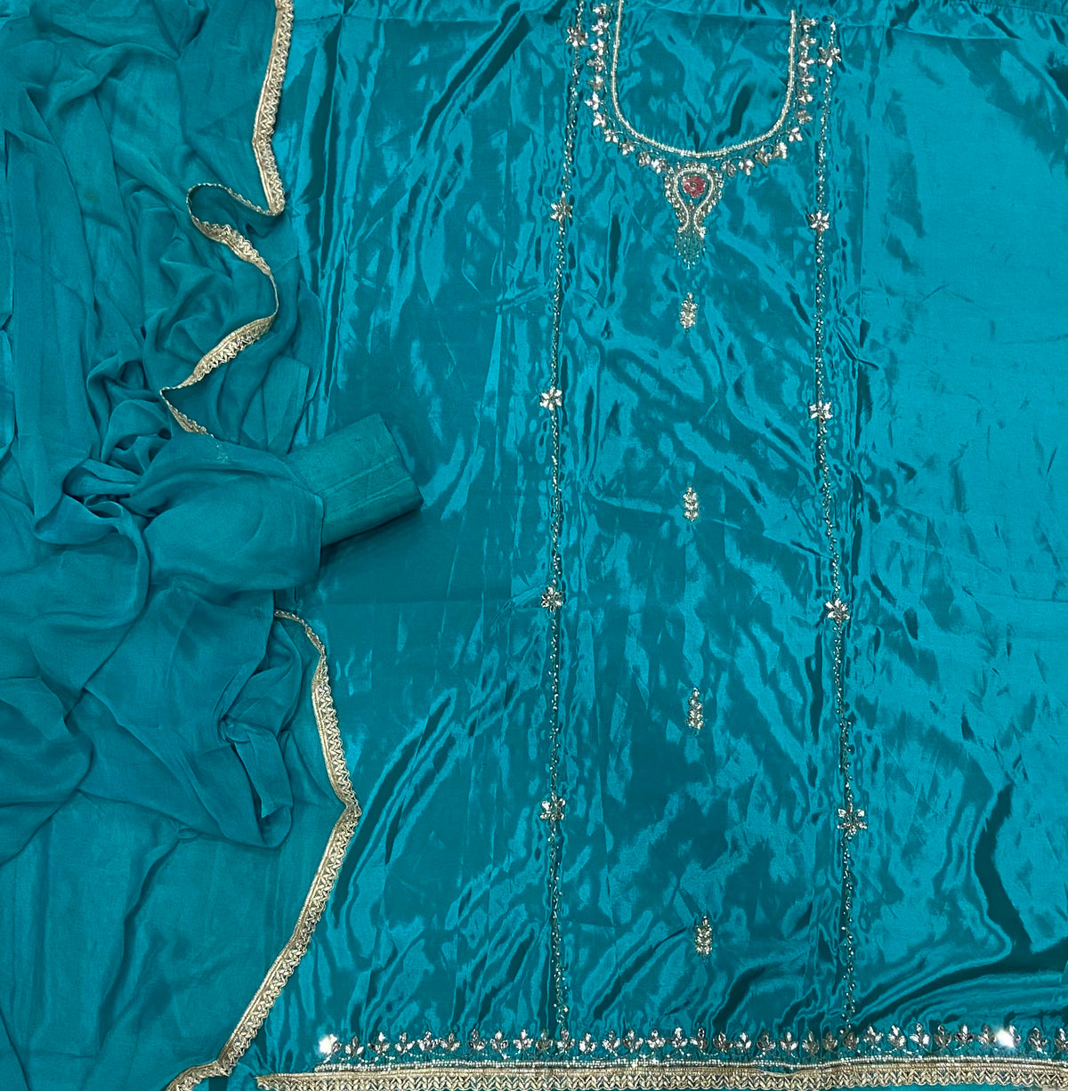 Glass Organza Suit Set with Heavy Real Mirror & Pearl Work